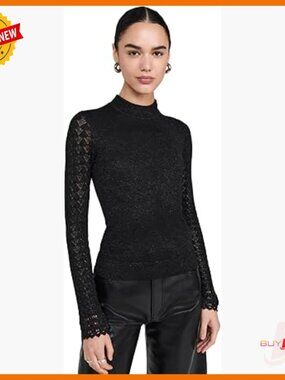 Long Sleeve Turtleneck Top with Metallic Threads and Pointelle Sleeves